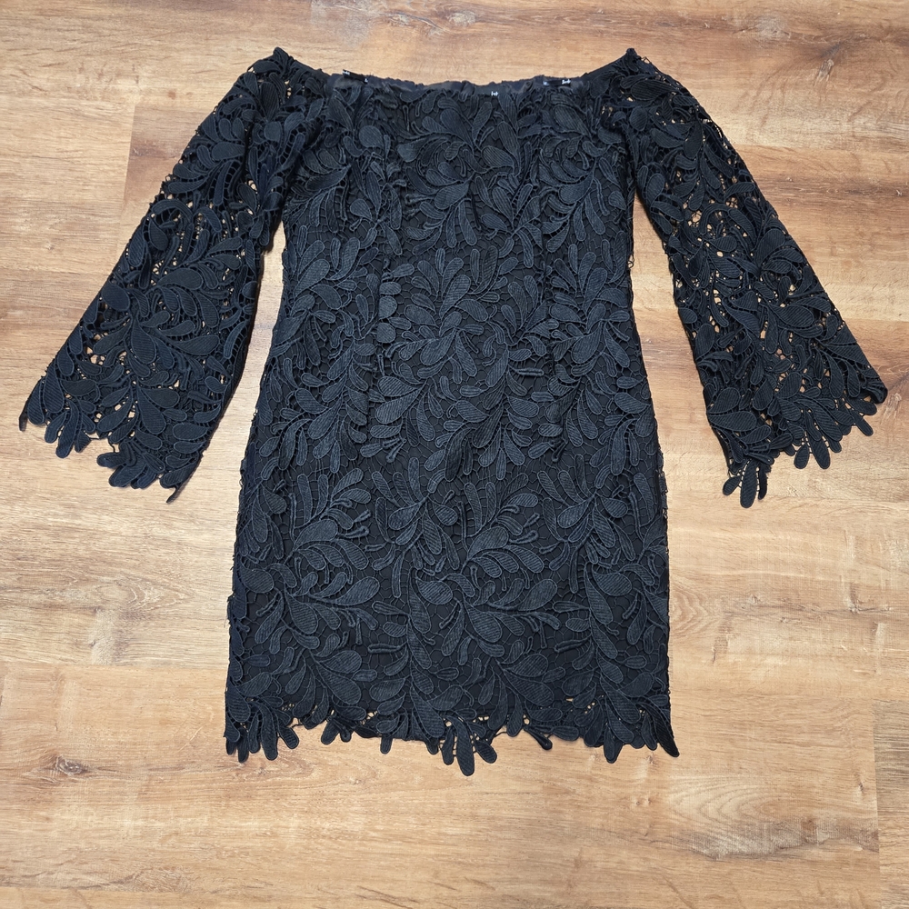 Bardot Black Lace Off-Shoulder Long Sleeve Mini Dress Size 10 Large - Picture 1 of 5